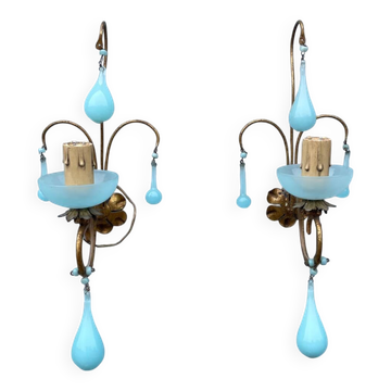 Paire d'appliques vintage en perles de verre bleu turquoise en opaline