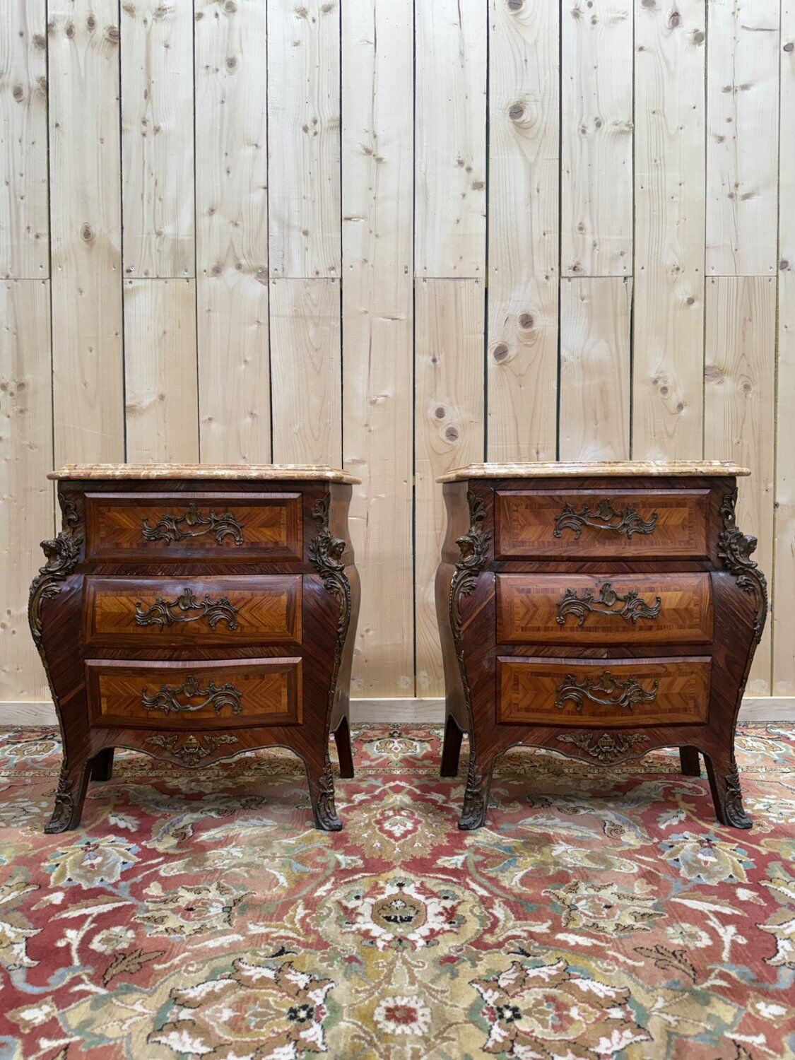 Pair of small bombe chests – Louis XV style – Marquetry & Marble –