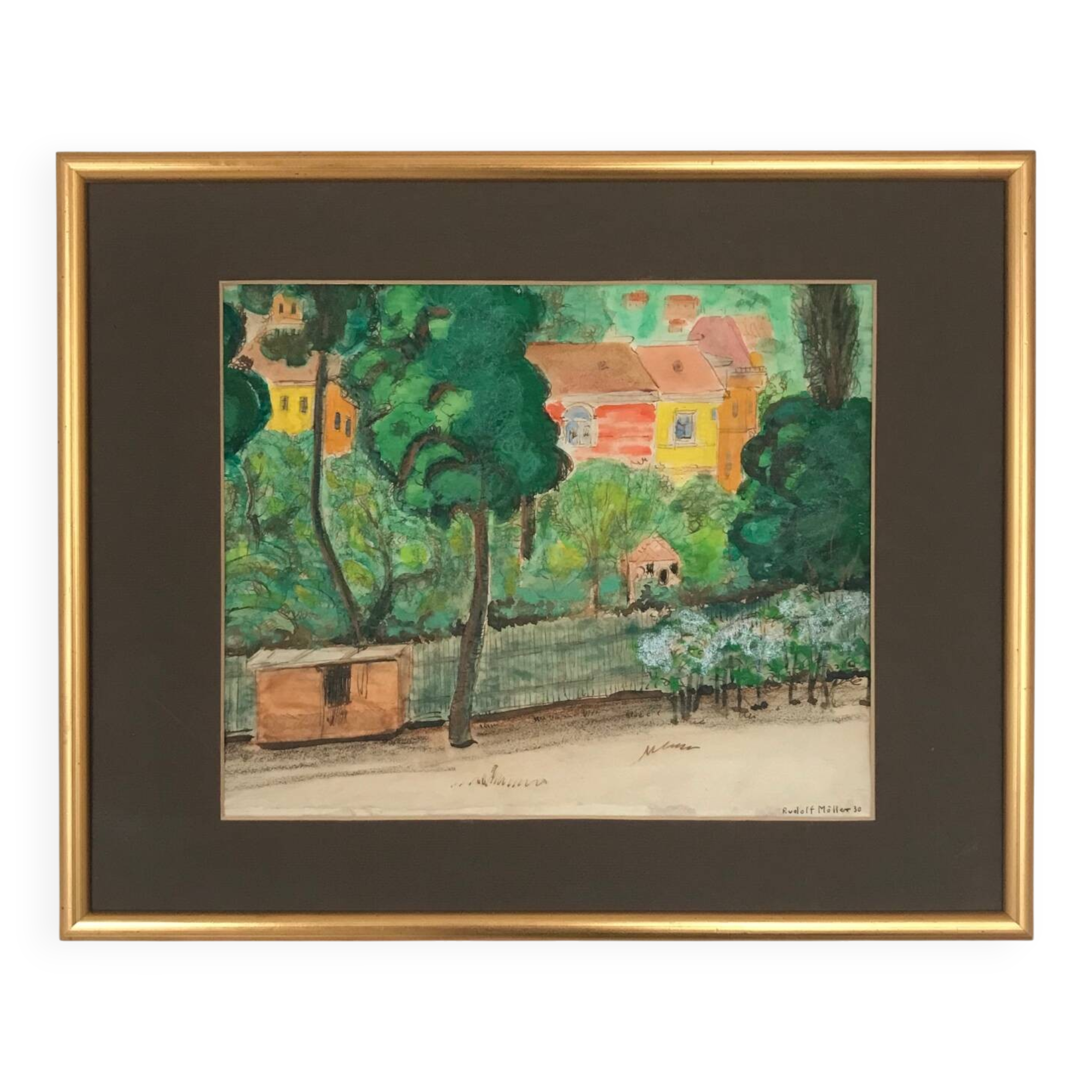 Rudolf möller 1881-1967. the houses, 1930. gouache. sbd. 30x40. frame