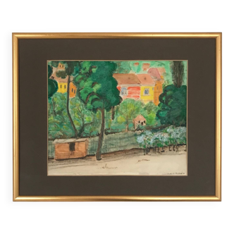 Rudolf möller 1881-1967. the houses, 1930. gouache. sbd. 30x40. frame