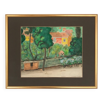 Rudolf möller 1881-1967.les maisons,1930.gouache.sbd.30x40.cadre