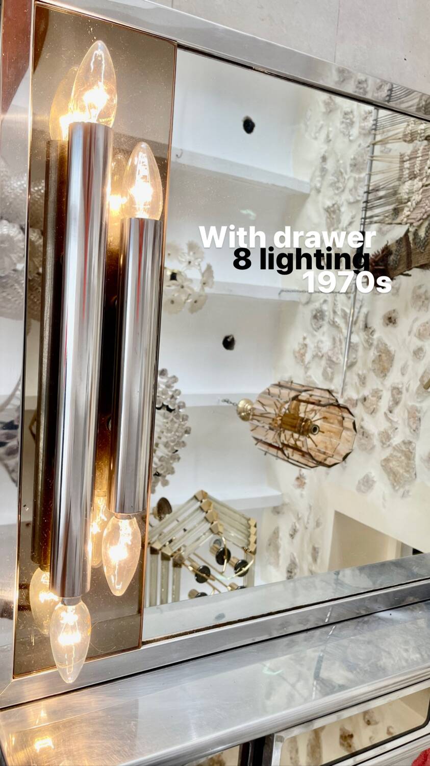 Veca glass chrome mirror and storage, spain 1970s