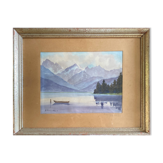 Tableau aquarelle d'Arno Lemke (né en 1916) Lac de montagne
