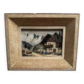 Tableau Alpin Vintage années 50 Bois Sculpté et Peint Signé Hauler