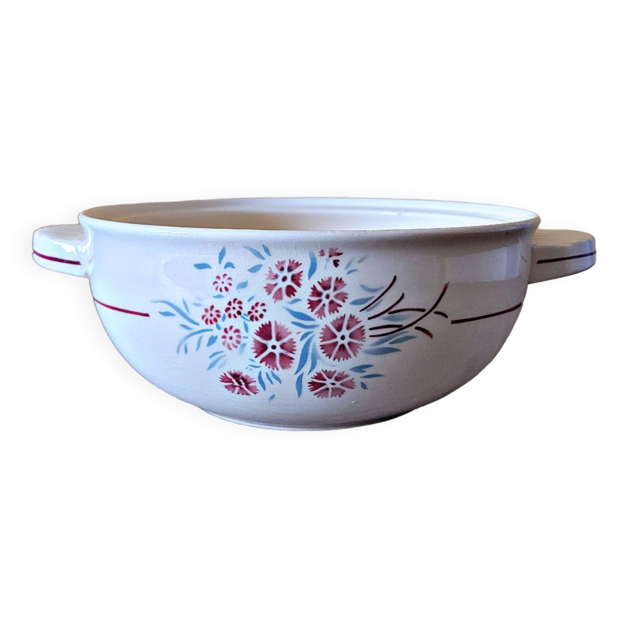 Salad bowl with handles Badonviller Francine vintage, earthenware floral decoration