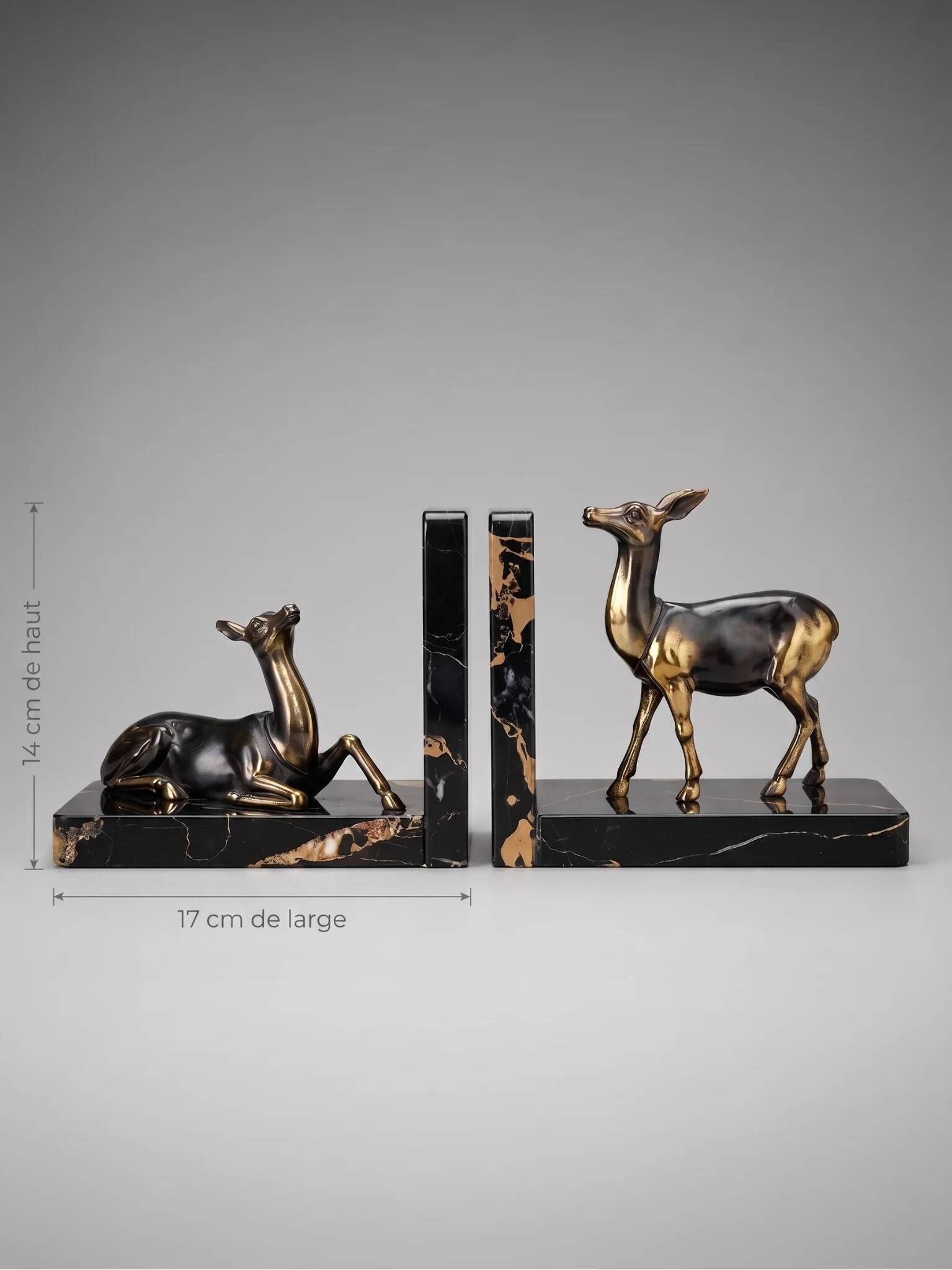 Pair of deer bookends in black marble and gold metal – Art Deco style