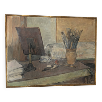 Tableau peinture d'atelier, huile sur isorel Gaston Louis Roux