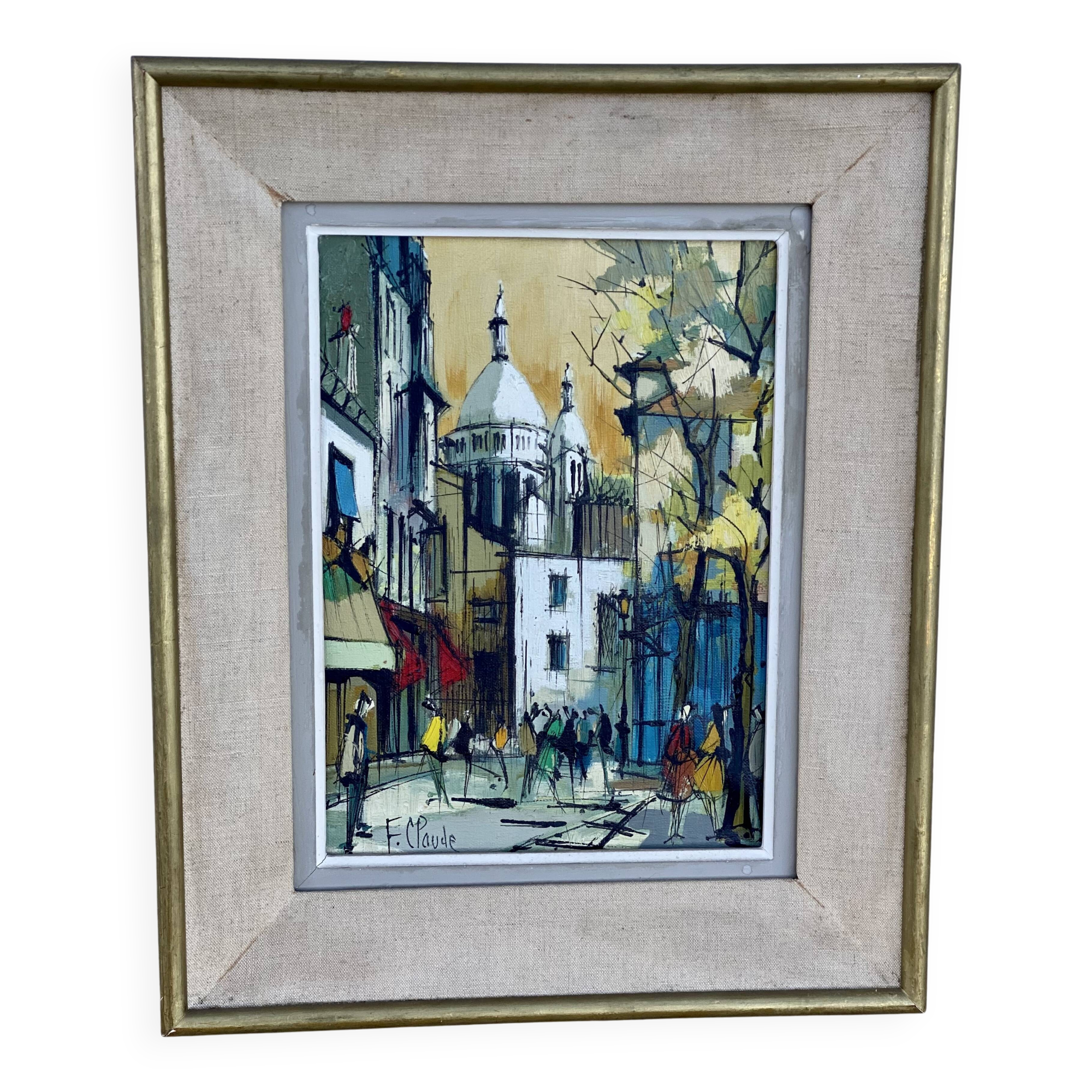 Painting by Fabien CLAUDE, lively Paris street in Montmartre, vintage 1960