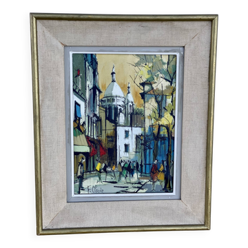 Painting by Fabien CLAUDE, lively Paris street in Montmartre, vintage 1960