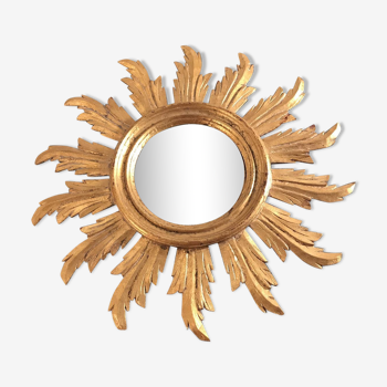 Miroir soleil sorcière bois doré glace bombée 57cm