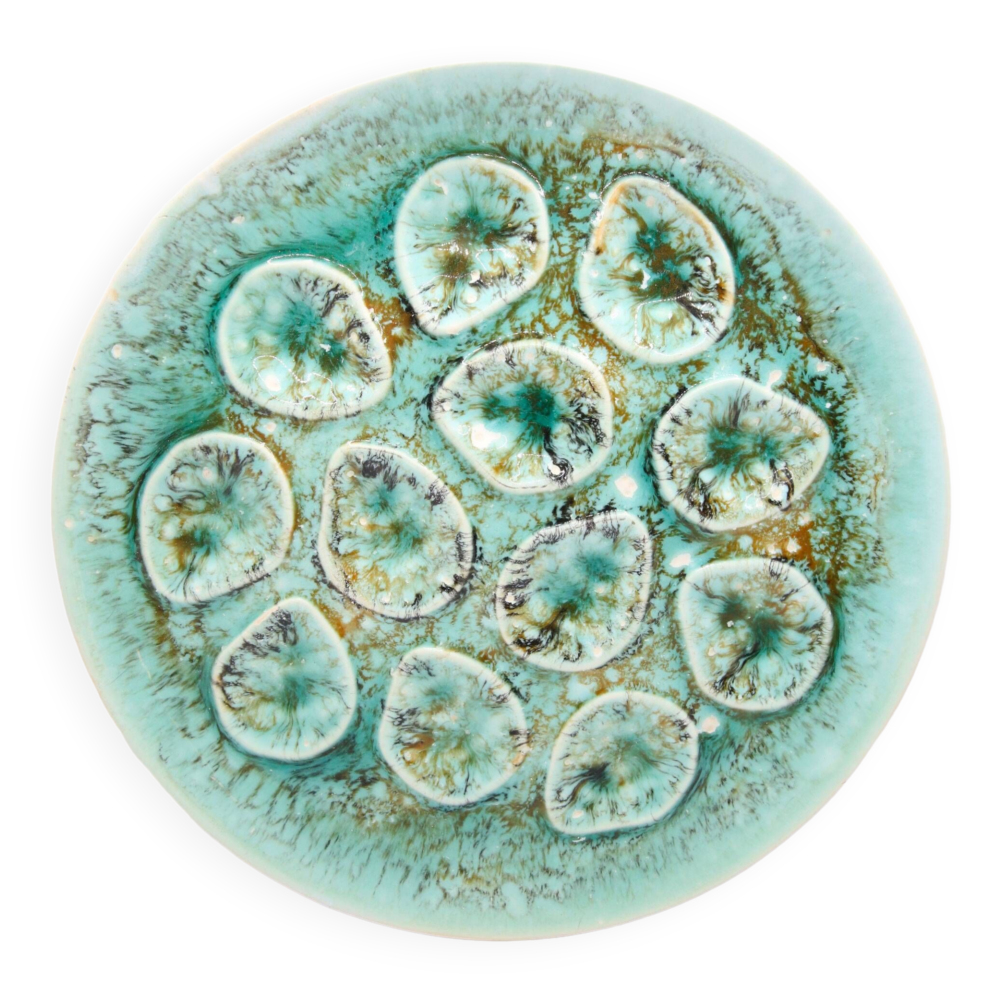 Oyster plate in turquoise earthenware from Niderviller Mousse collection