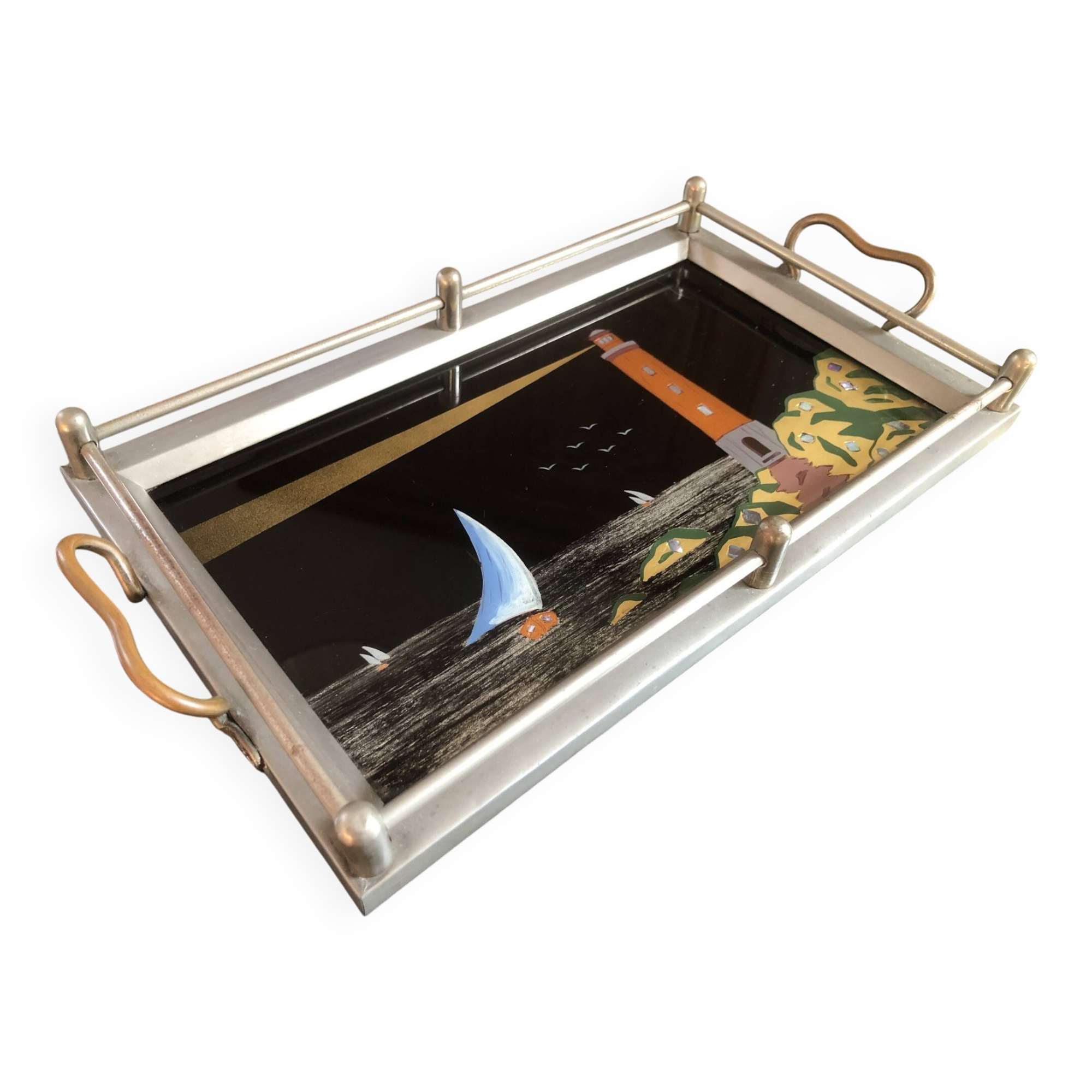 Plateau à service Art-Déco – Peinture sous verre & nacre