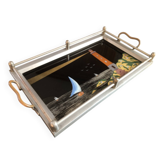Plateau à service Art-Déco – Peinture sous verre & nacre