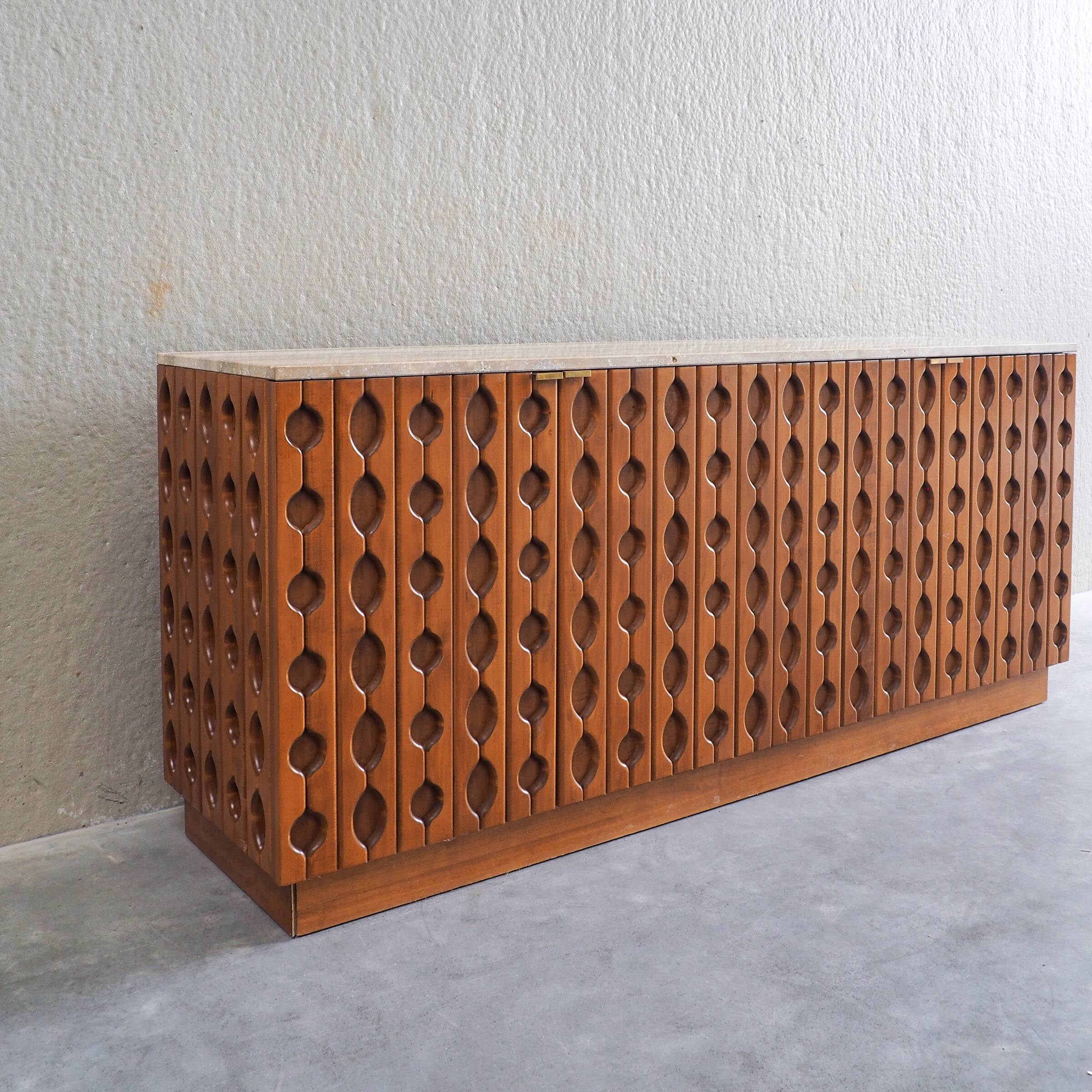 Contemporary Brutalist Carved Wood Sideboard With Travertine Top In review