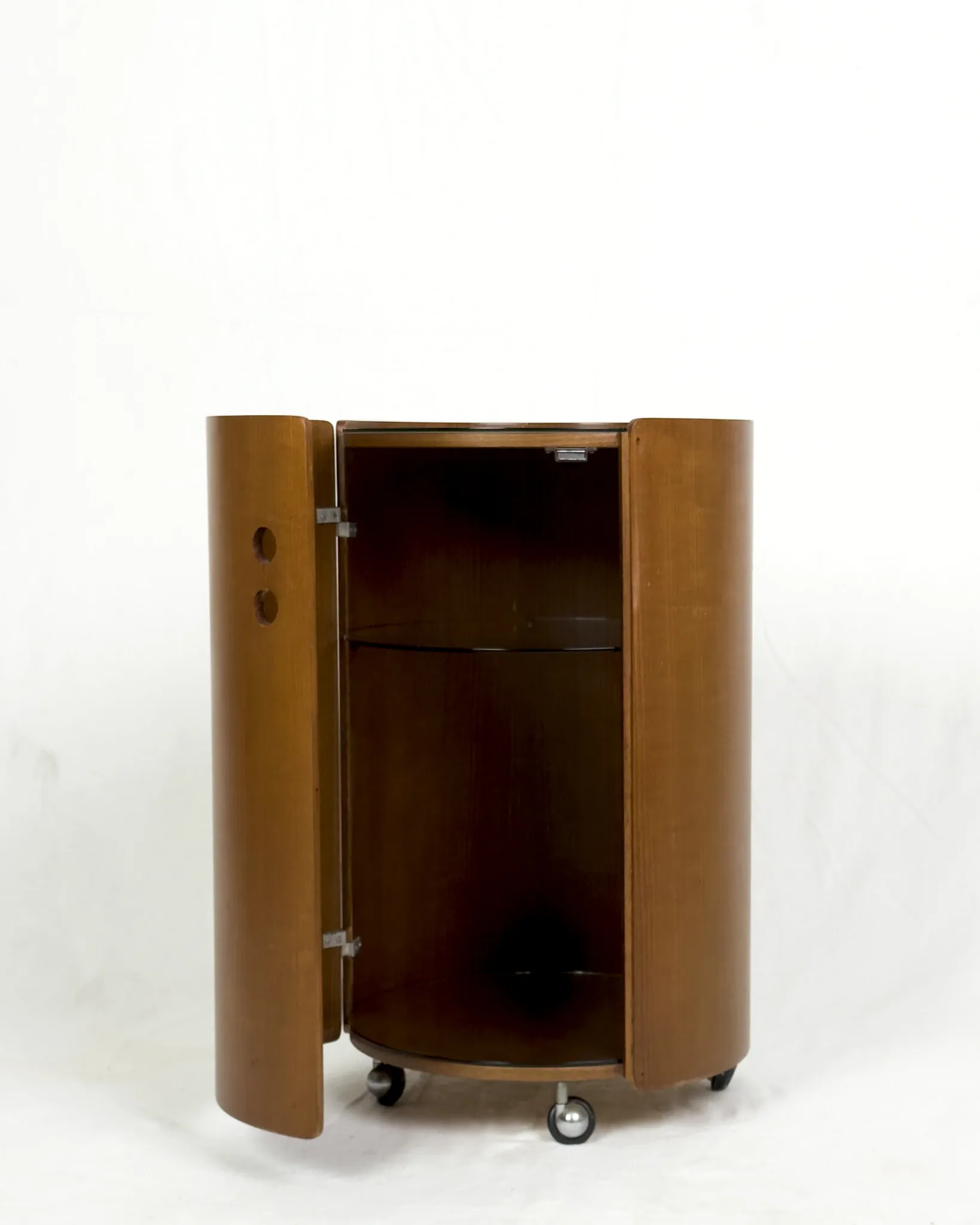 Round wood bar cabinet with glass top, Italy 1960s