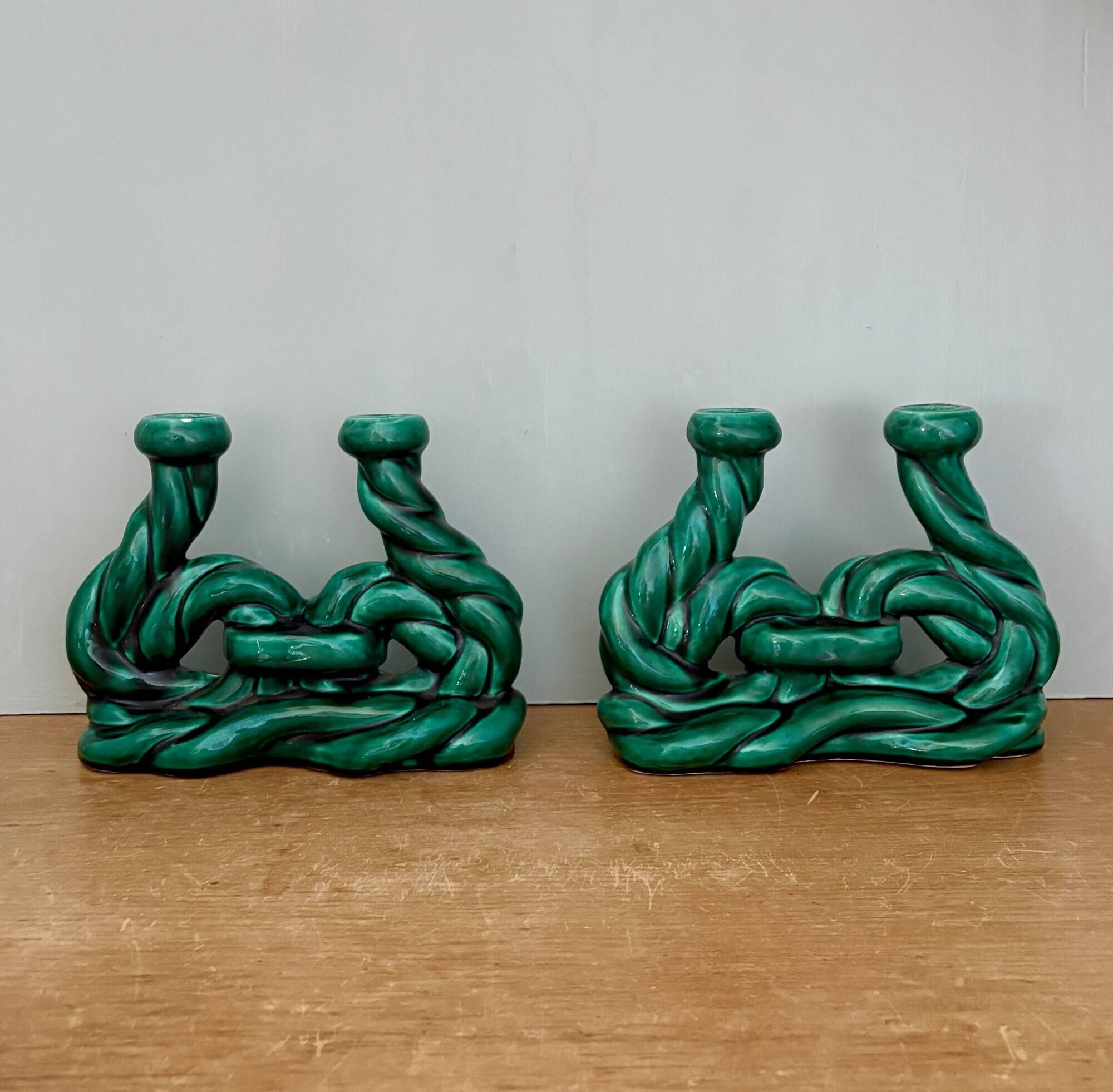 Pair of vintage green ceramic candlesticks signed Hubert Pernin, Vallauris.