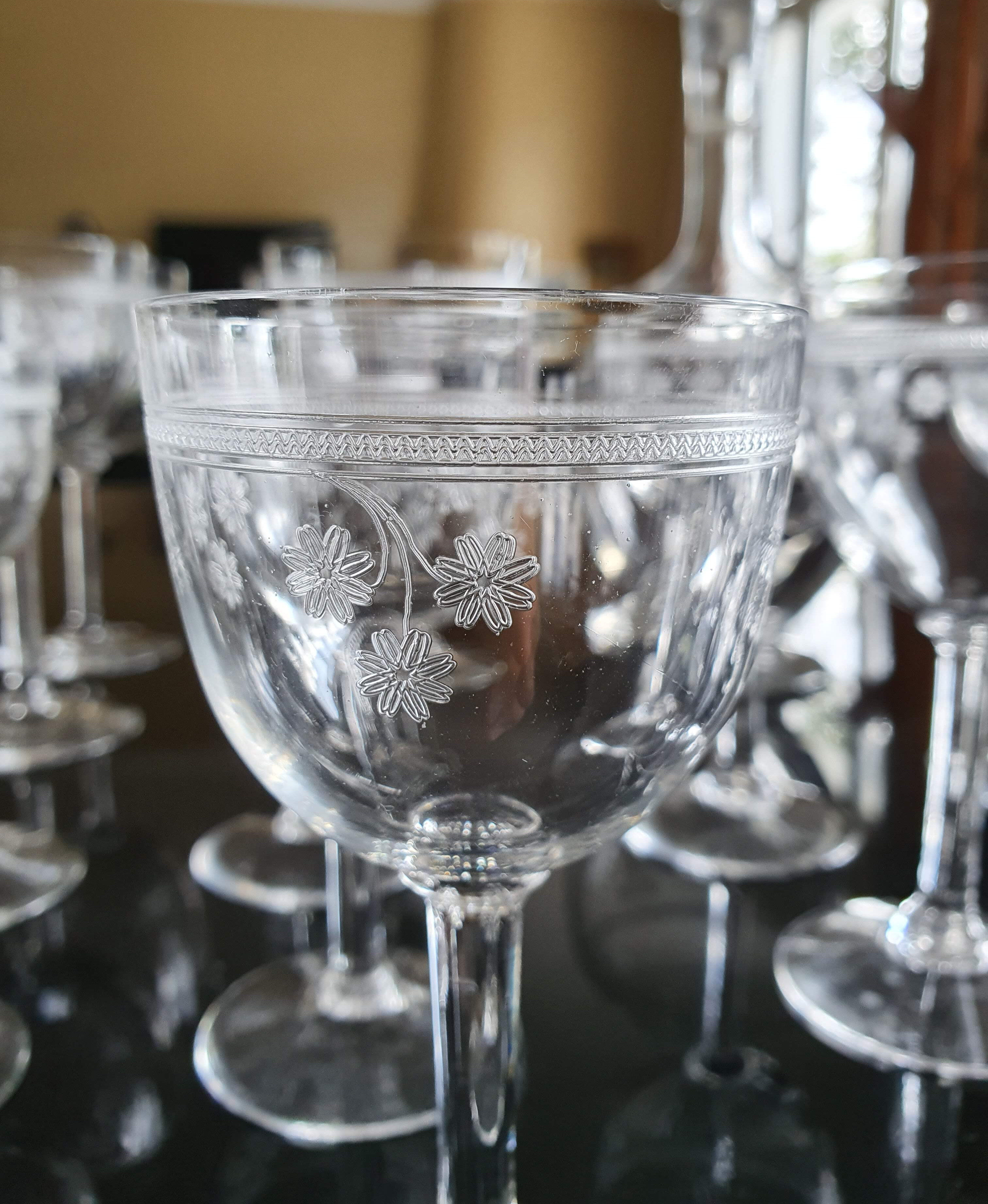 Engraved glass glasses and carafe