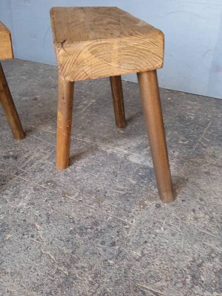 Pair of low stools in old patinated solid wood