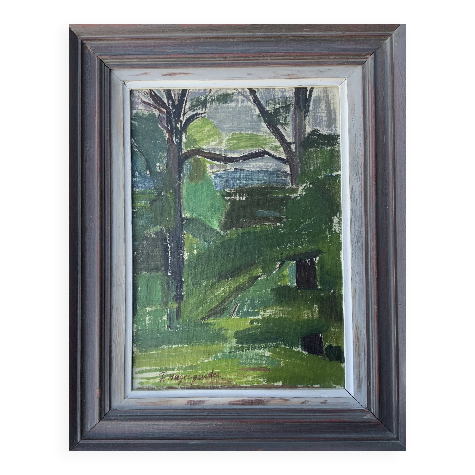 Vintage Modernists Landscape Oil on Canvas signed by F.H. 1950s