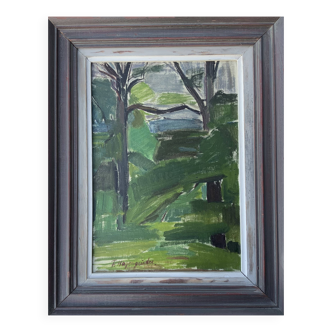 Vintage Modernists Landscape Oil on Canvas signed by F.H. 1950s