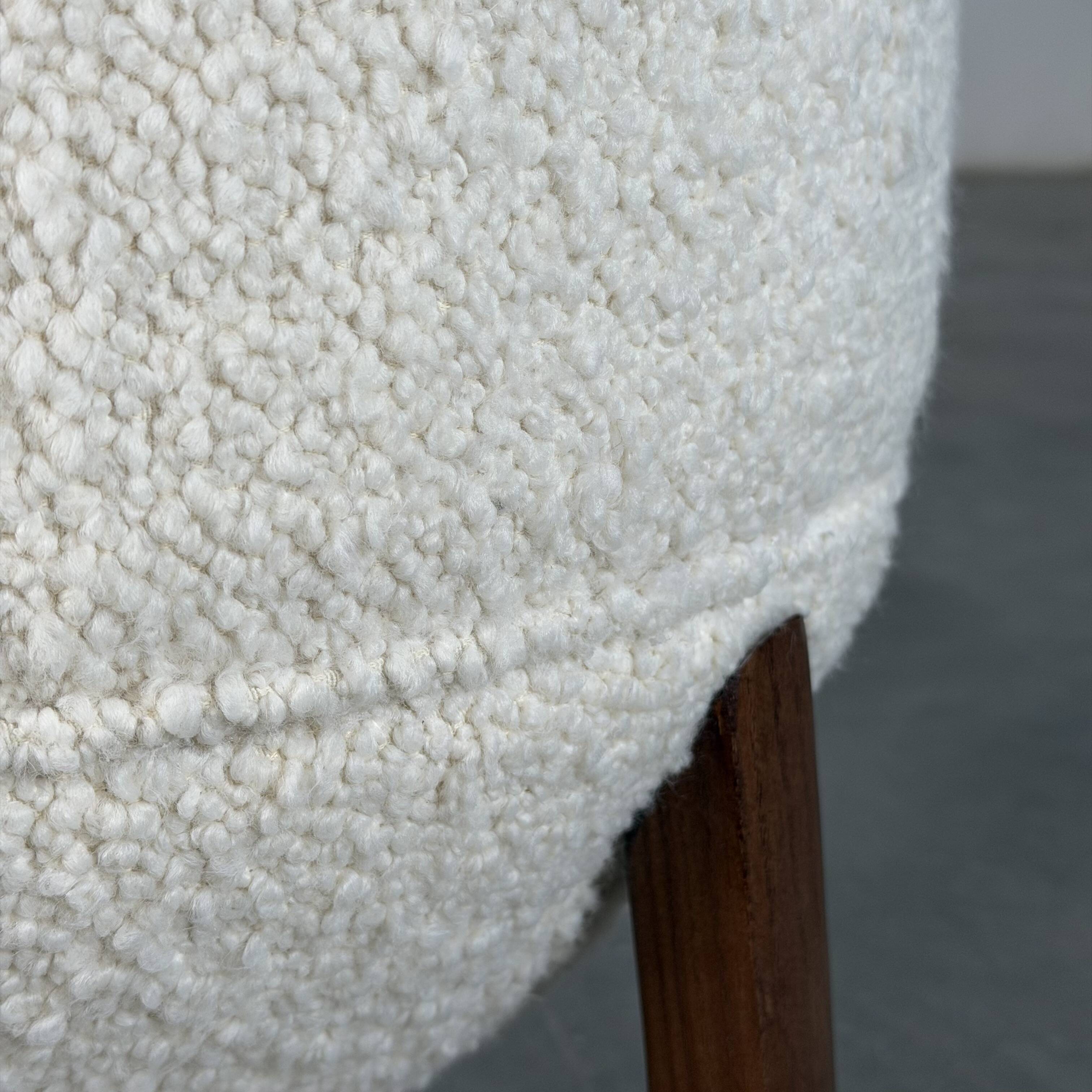 Totemo stool by forme, ivory dedar bouclé upholstery, walnut legs