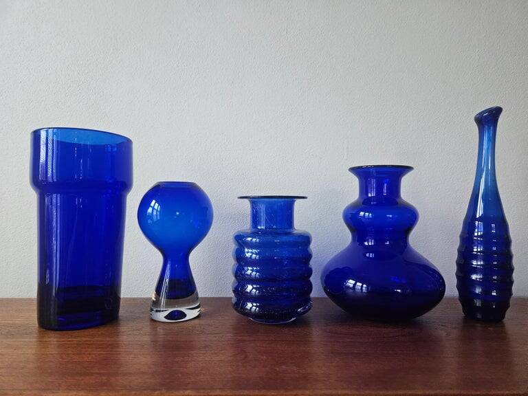 Set of five mid-century cobalt glass vases, Harzkristall, Marita Voigt, 1970
