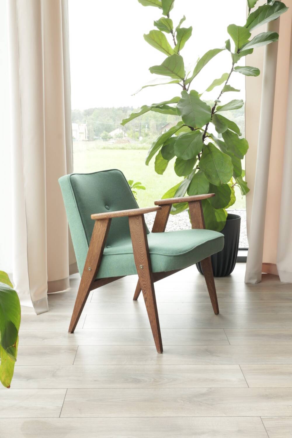 Vintage rustic oak armchair in green wool, 1960s