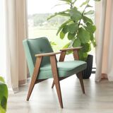 Vintage rustic oak armchair in green wool, 1960s