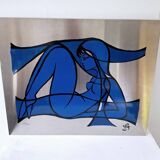 Silkscreen on brushed aluminium from the 1970s.