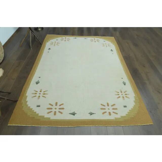1970s Vintage Turkish Oushak Handmade Wool Cotton Beige Area Rug 172x225