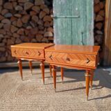 Pair of cherry wood marquetry bedside tables