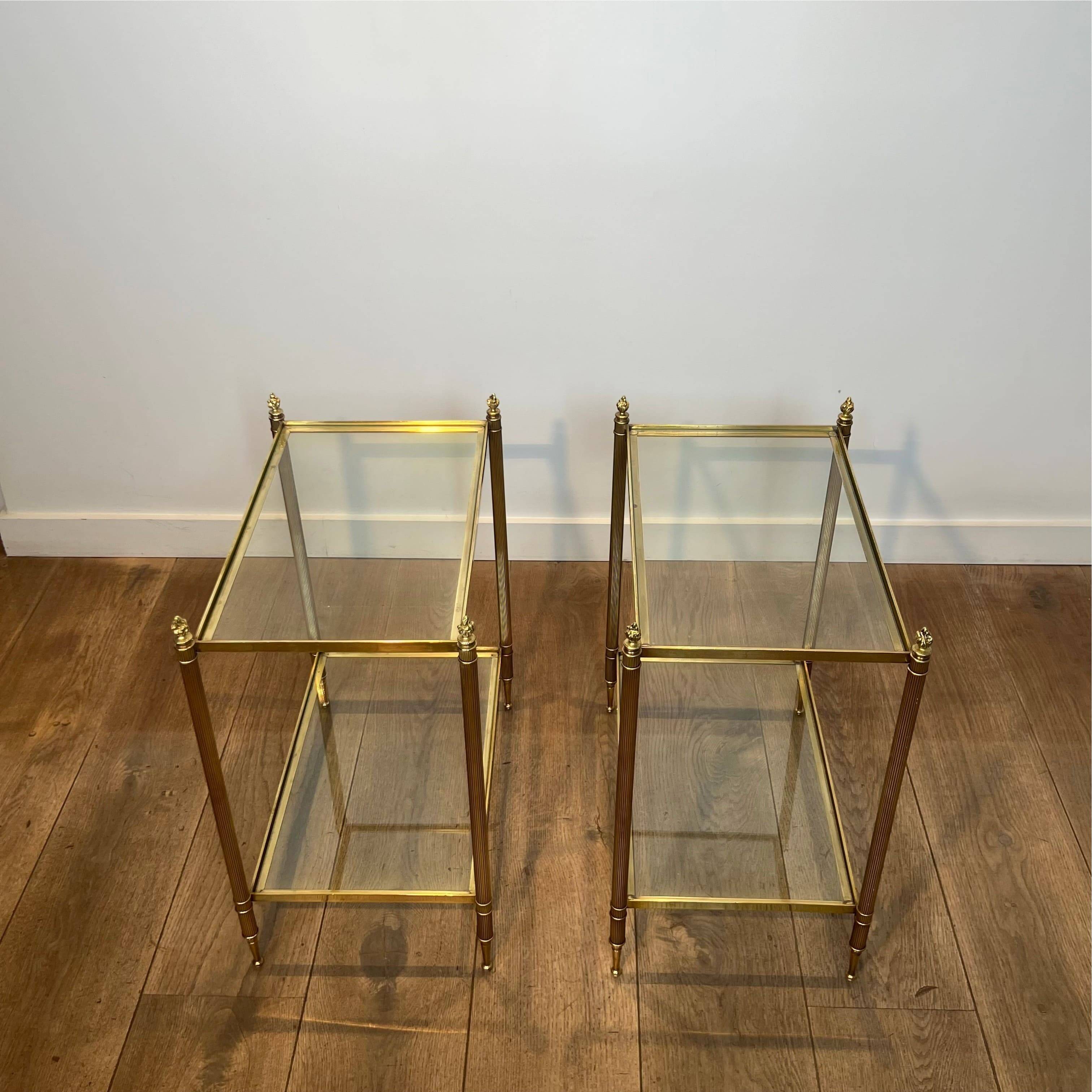 Pair of Side Tables with Two Brass and Glass Tops. Made in France.