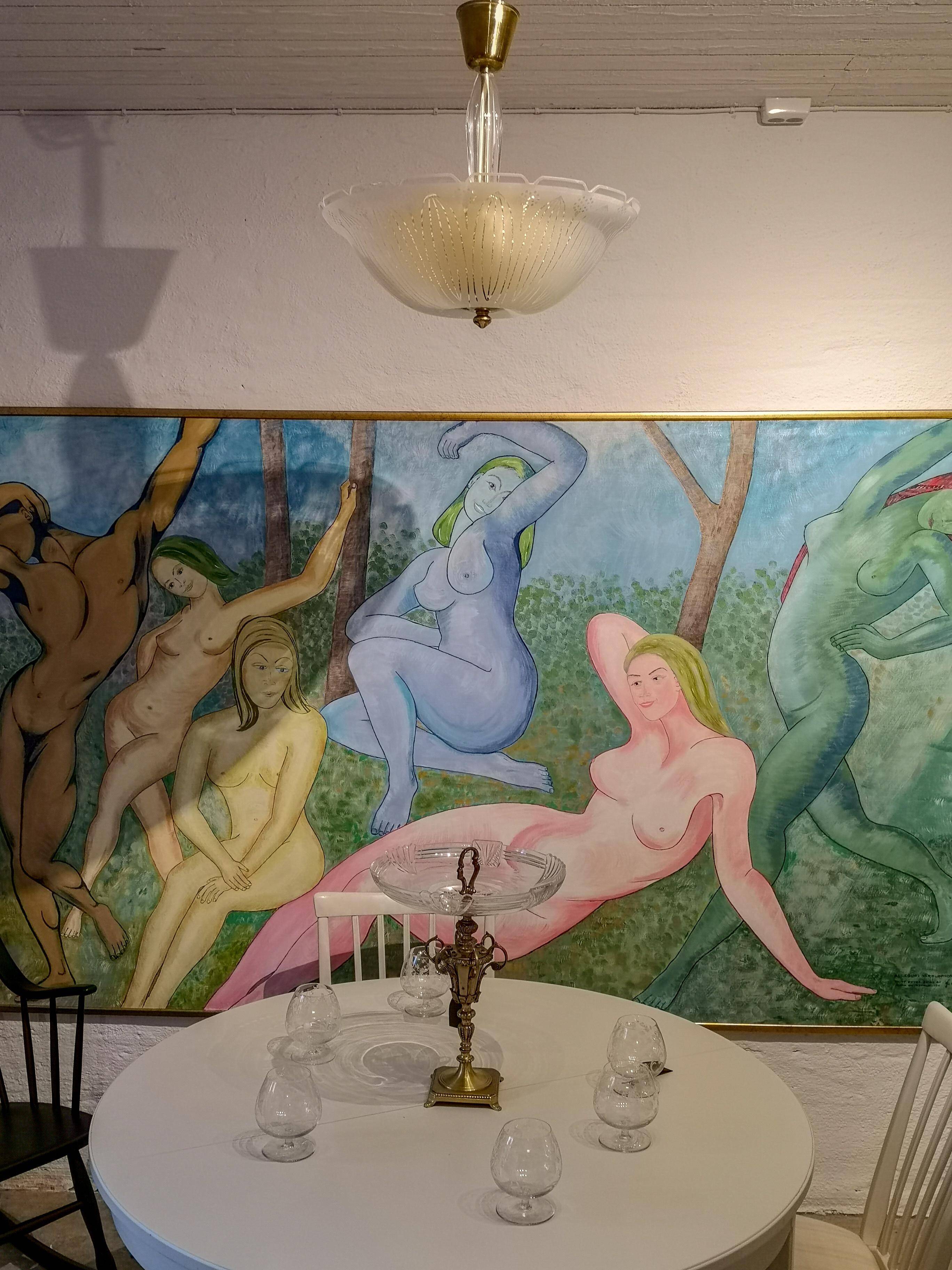 Large Swedish textured glass pendant light Orrefors