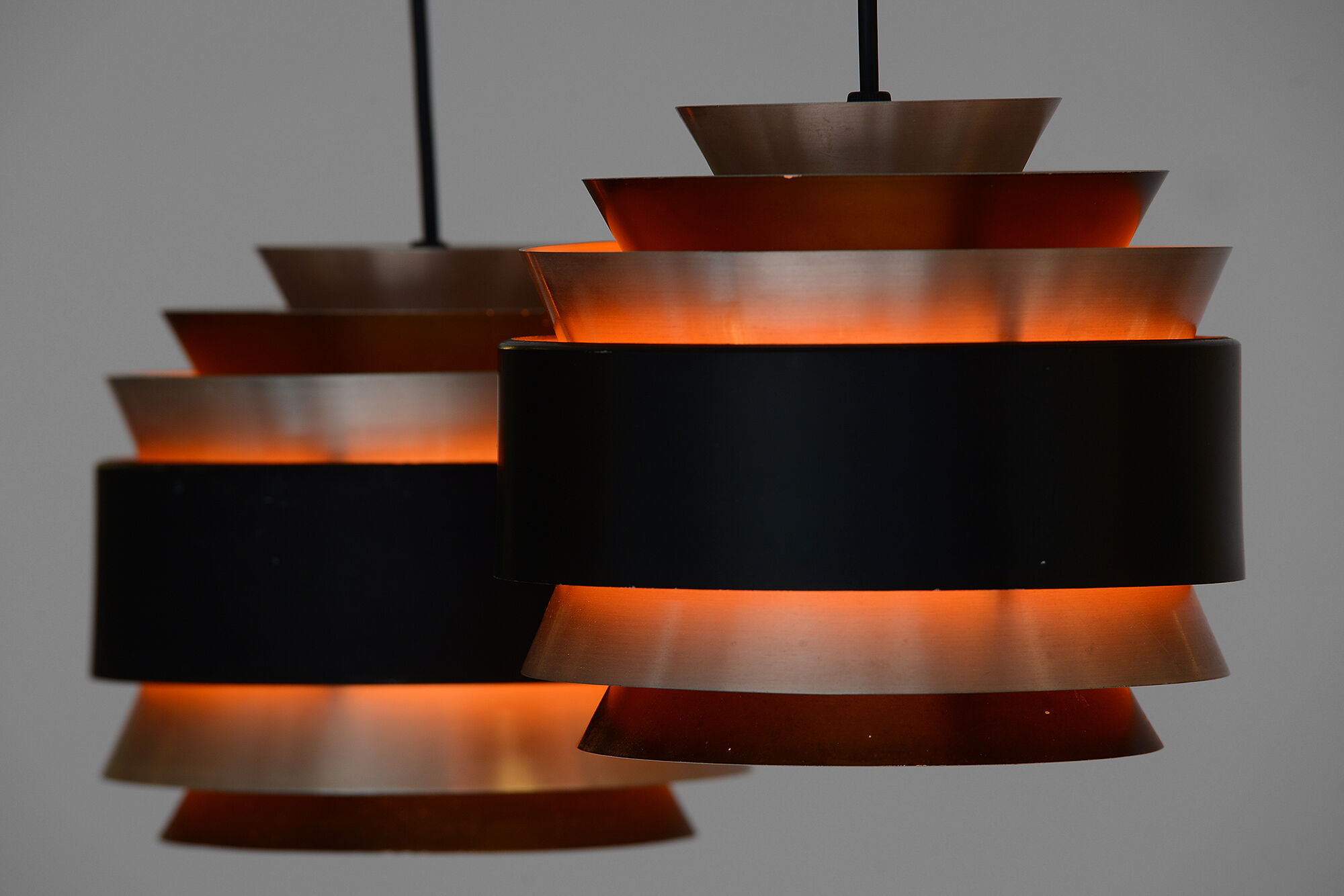 Pair of layered pendant lights in brushed aluminum. Denmark 1960s