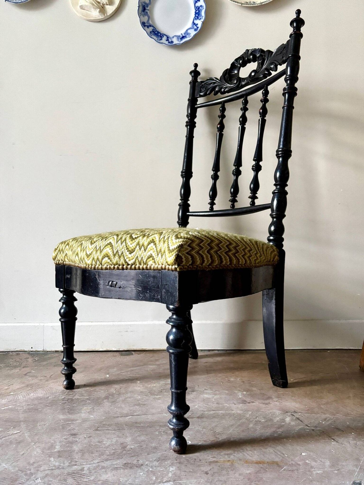 Black turned wood and green wool chair