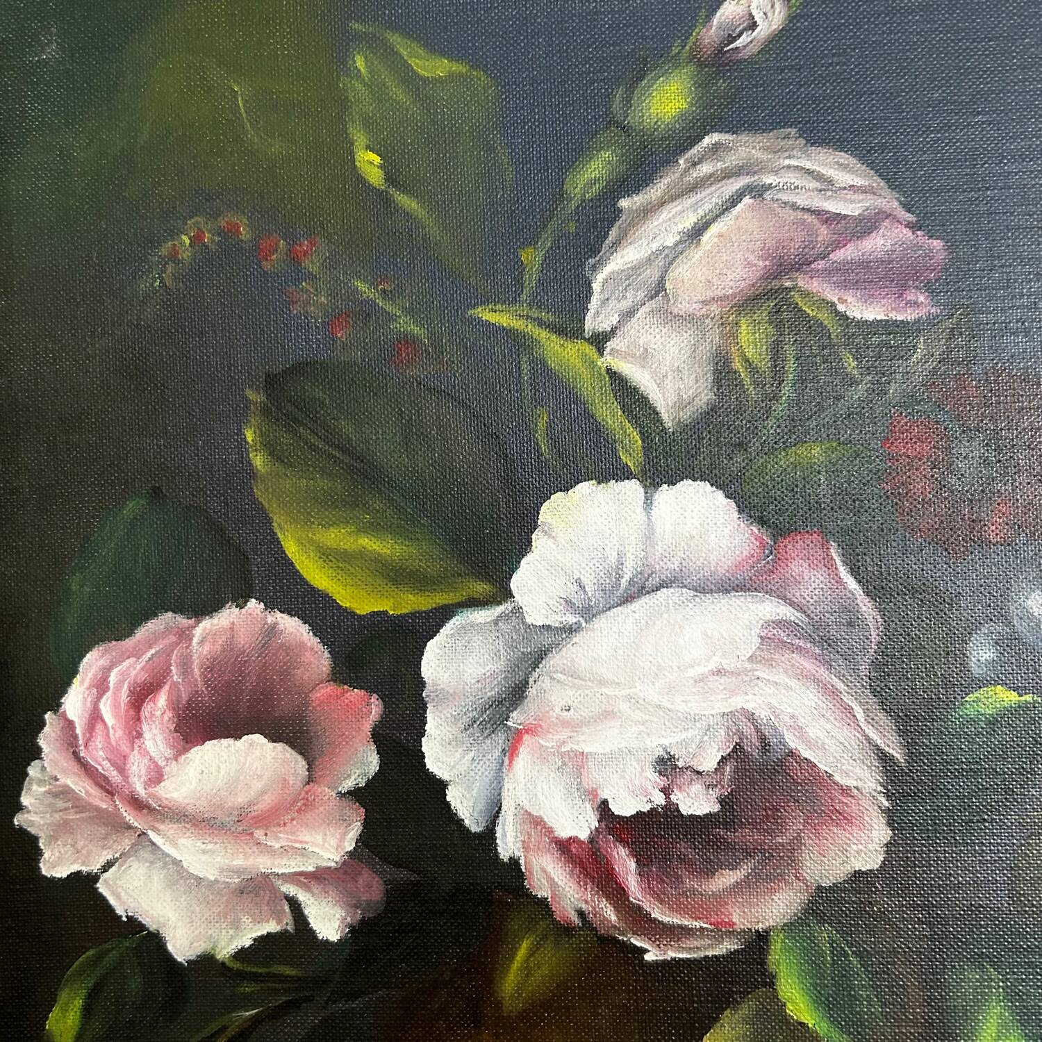 Painting, still life roses, grapes and game