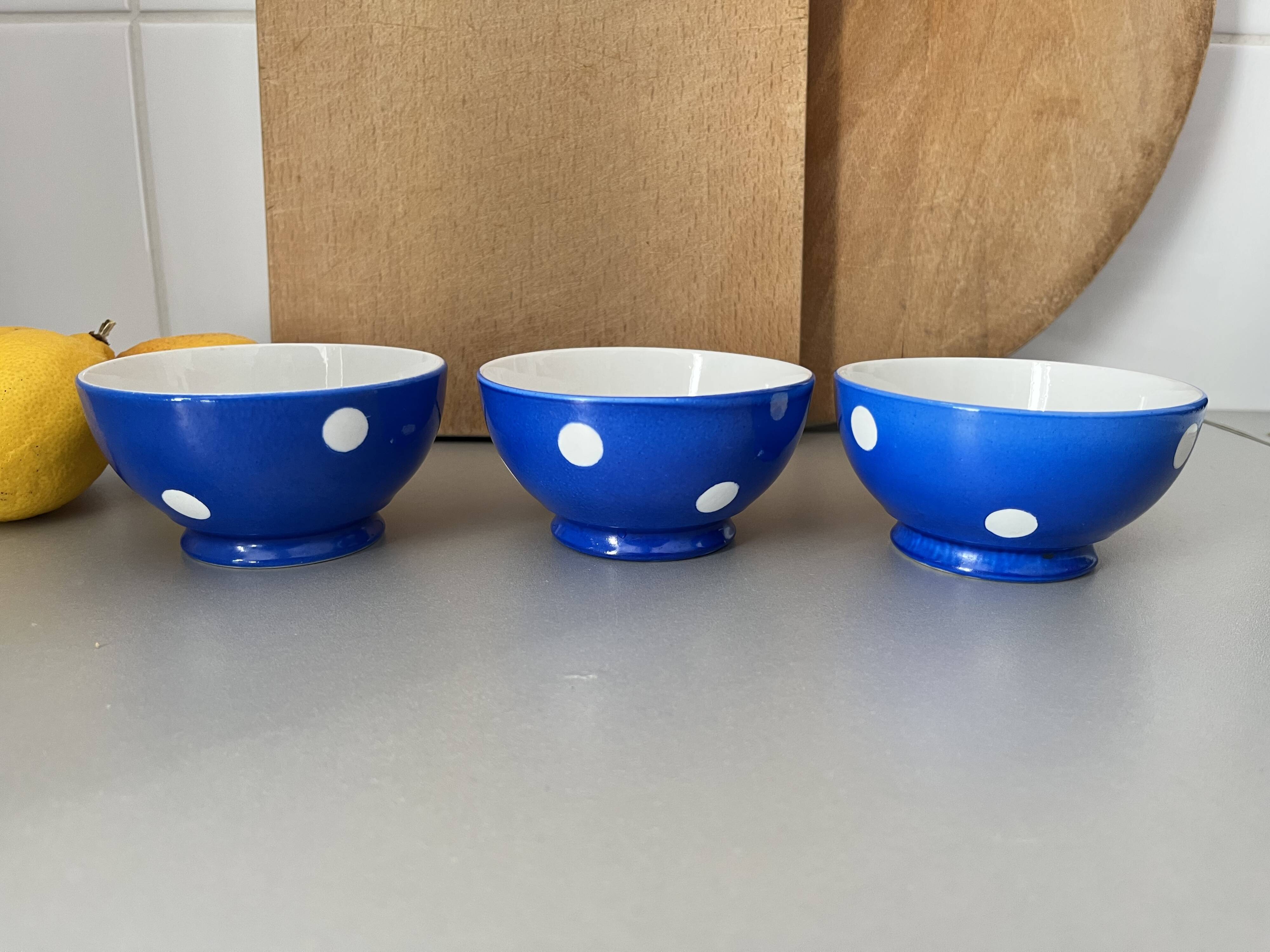 Old Longchamp porcelain bowls with blue dots
