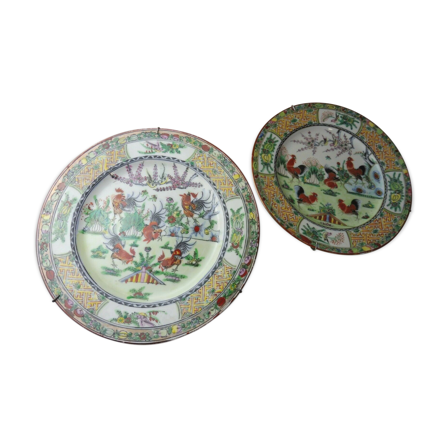 Lot of old Chinese porcelain plates, 5 roosters decoration, stamp, 19th