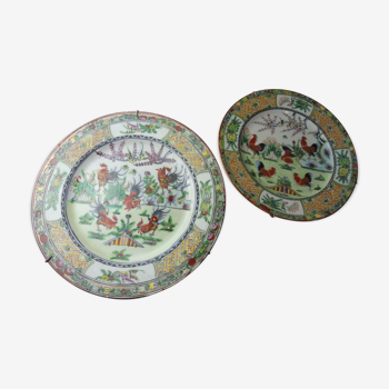 Lot d'anciennes assiettes en porcelaine de Chine, décor 5 coqs, tampon, 19ème