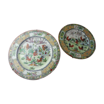 Lot of old Chinese porcelain plates, 5 roosters decoration, stamp, 19th