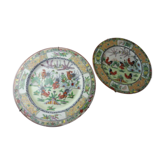 Lot of old Chinese porcelain plates, 5 roosters decoration, stamp, 19th