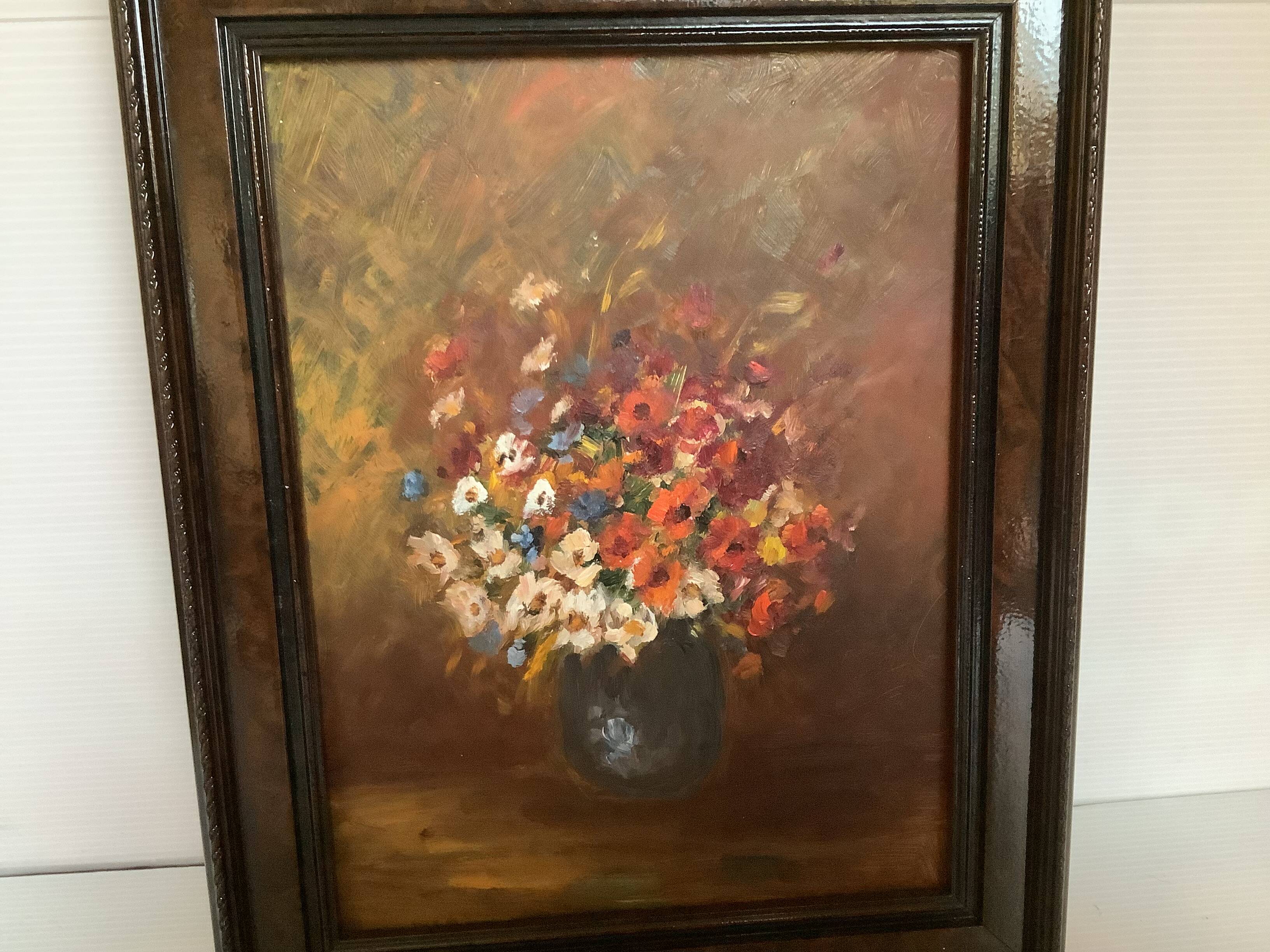 Still life of a bouquet of flowers, oil on cardboard.