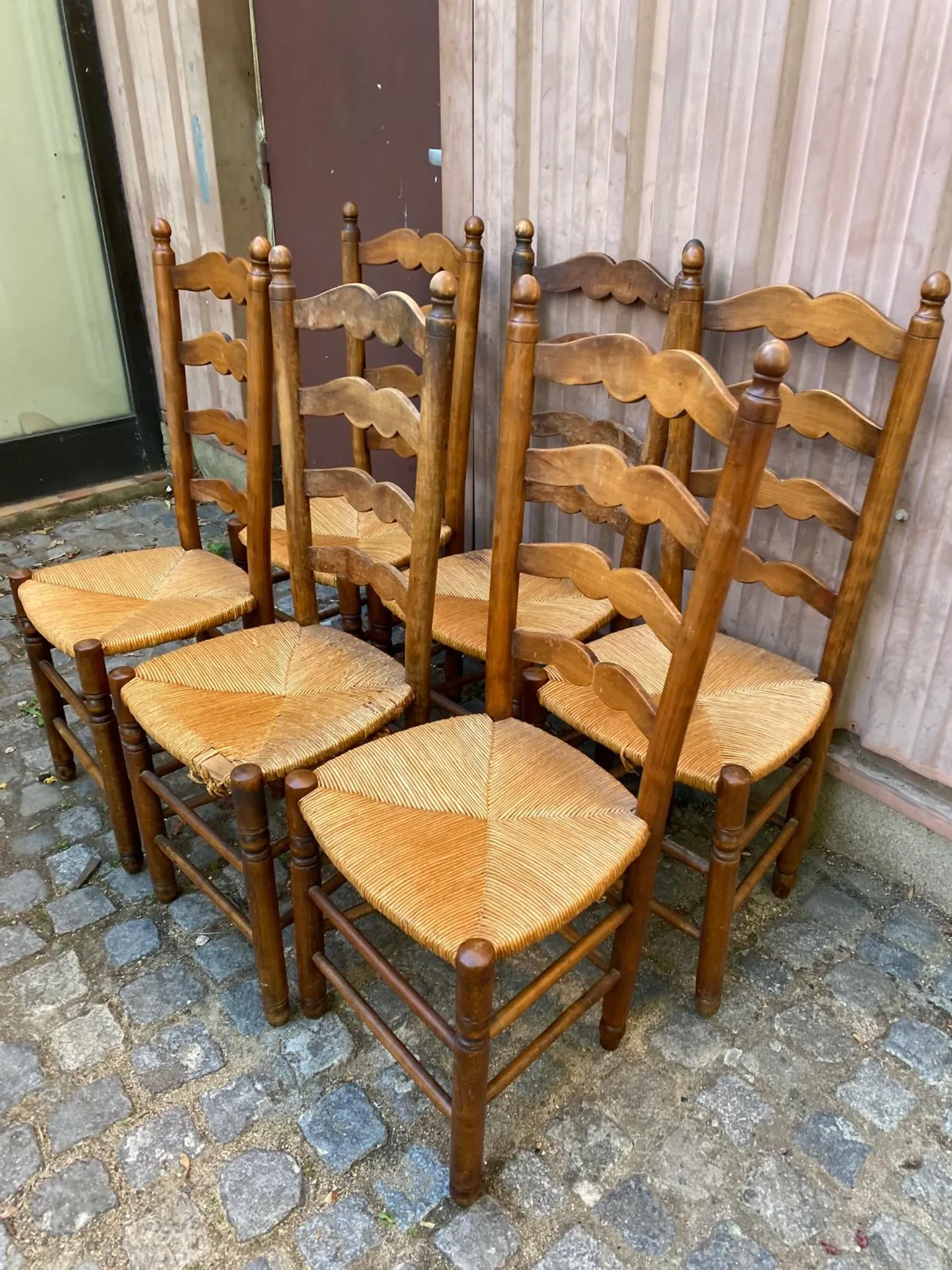 6 Rustic Solid Wood and Straw Chairs in 1960s Country Style
