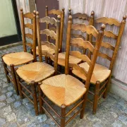 6 Rustic Solid Wood and Straw Chairs in 1960s Country Style