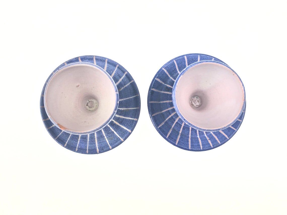 Set of 2 cups of eggs in blue Vallauris ceramic by Robert Picault 1950