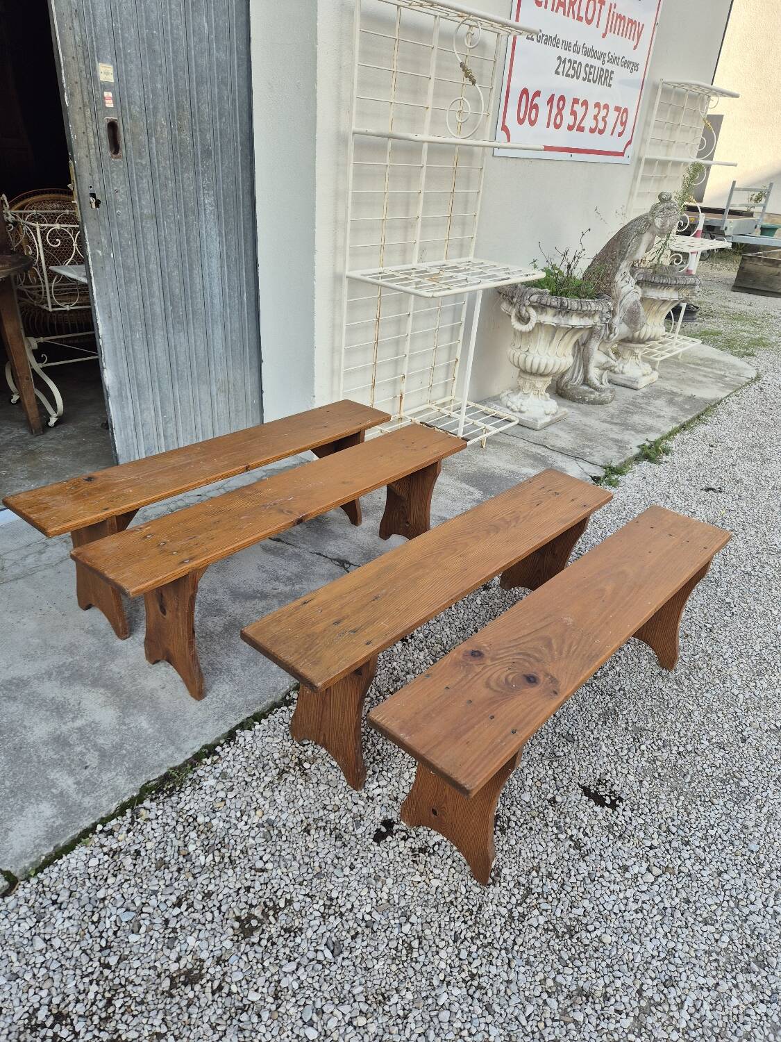 Set of 4 farm benches in old fir 1950s - 1m30