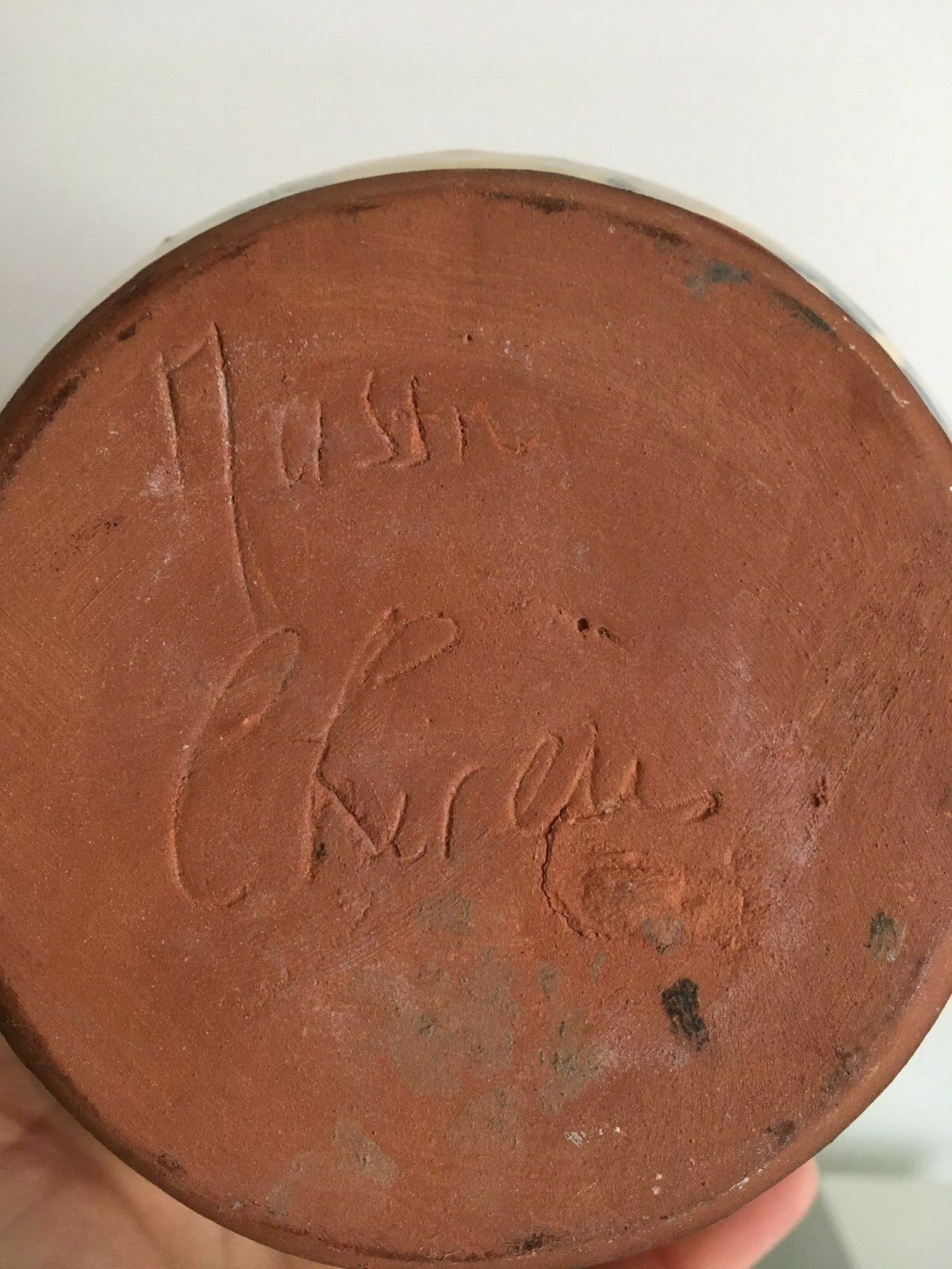 Incurvé signature enamelled terracotta flared neck vase