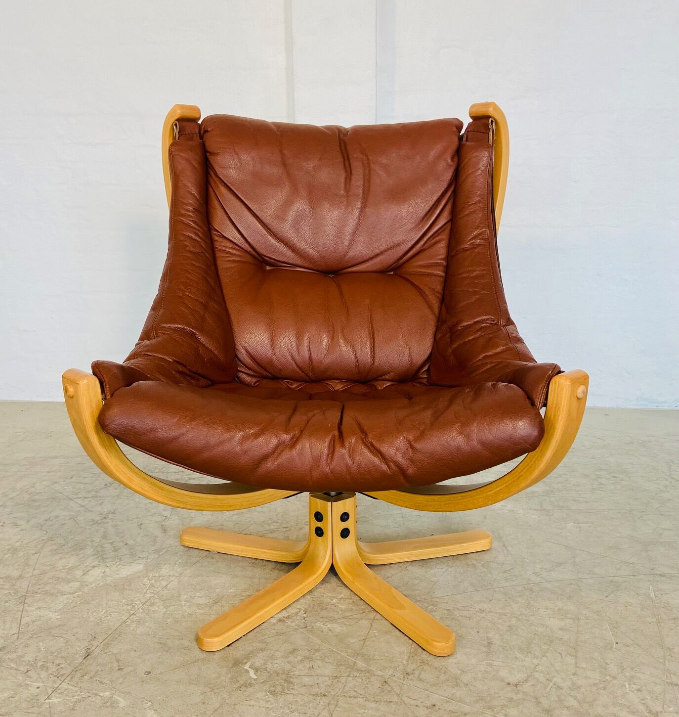 Svend Skippers vintage retro cognac leather swivel chair set 1970s