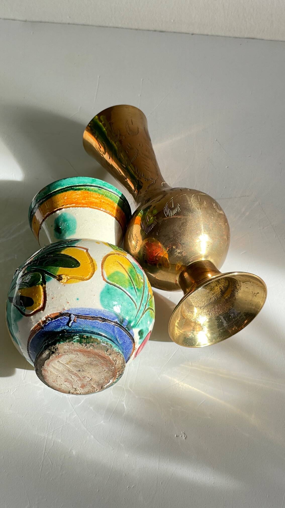 Vases céramique artisanale laiton ciselé vintage