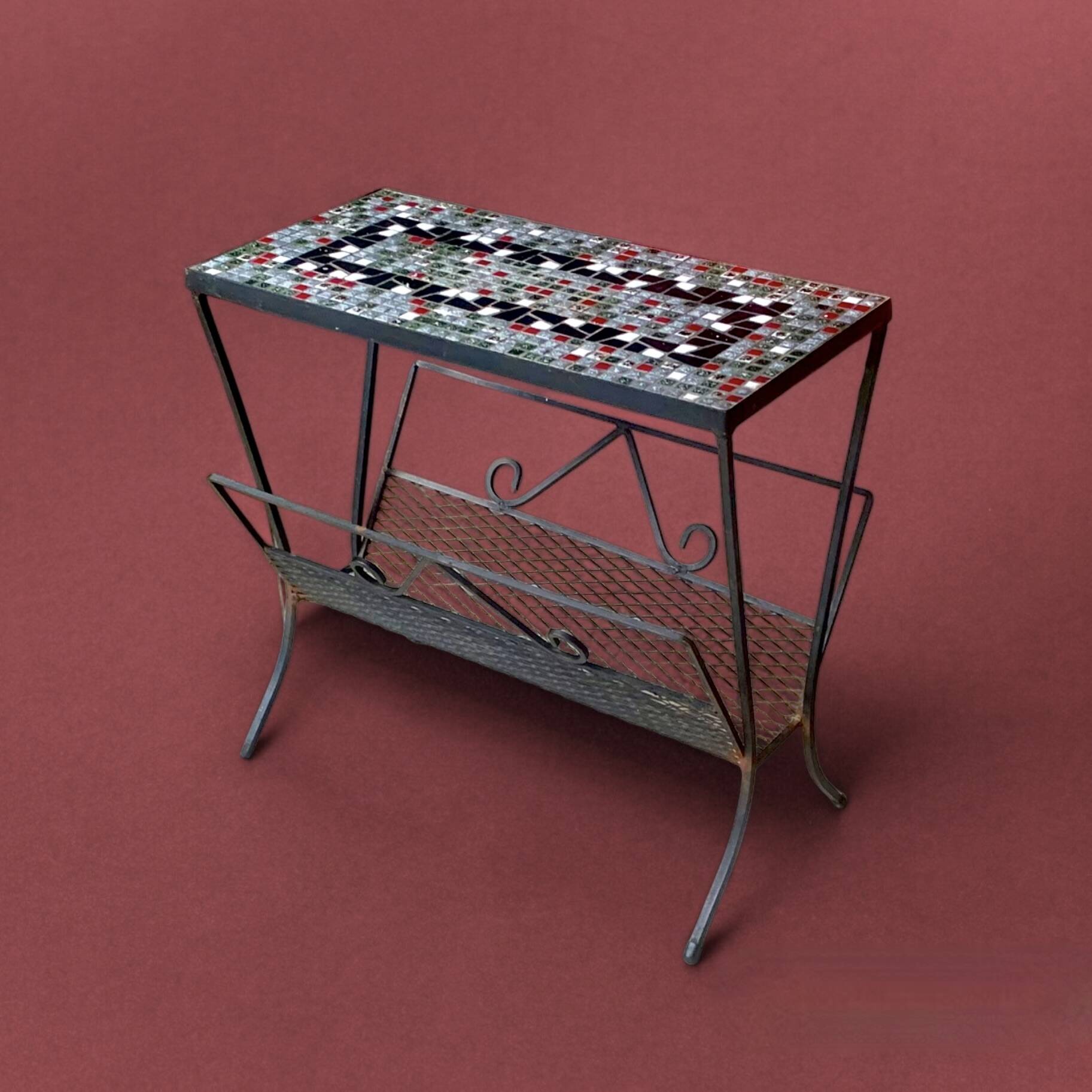 Vintage side table and magazine rack in wrought iron and ceramic tiles